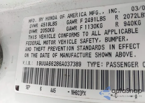 2006 Acura Tl из США, поврежденный, VIN 19UUA66286A037389